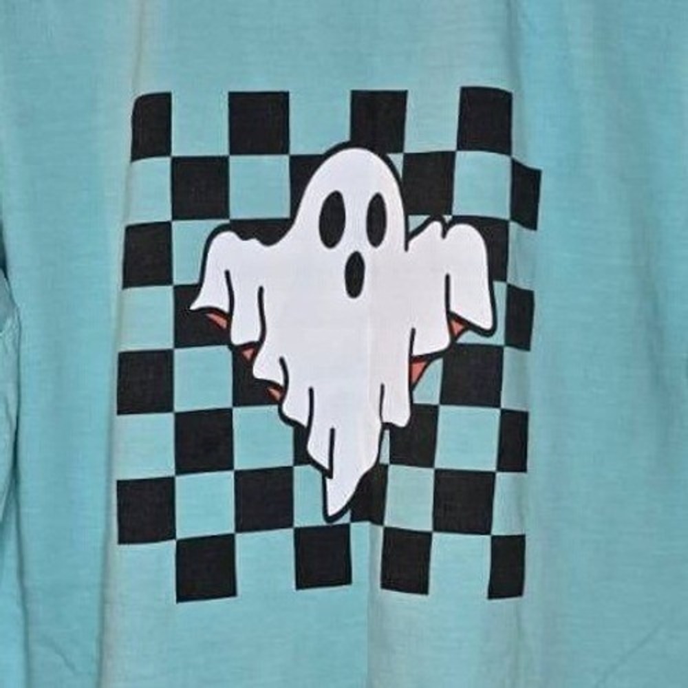 Ghost Checkered Graphic T-Shirt Aqua Blue XL Women's Cotton Tee - Picture 2 of 5